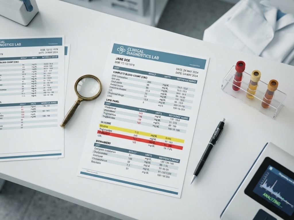 Comprehensive lab diagnostic report with blood panel results, test tubes, and a magnifying glass on a clinician's desk
