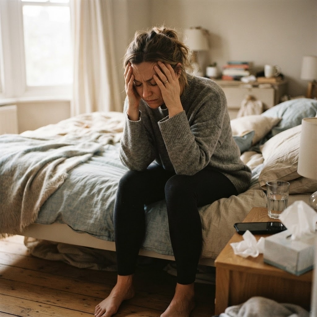 Exhausted woman sitting on the edge of her bed, holding her head, struggling with chronic, unresolved symptoms