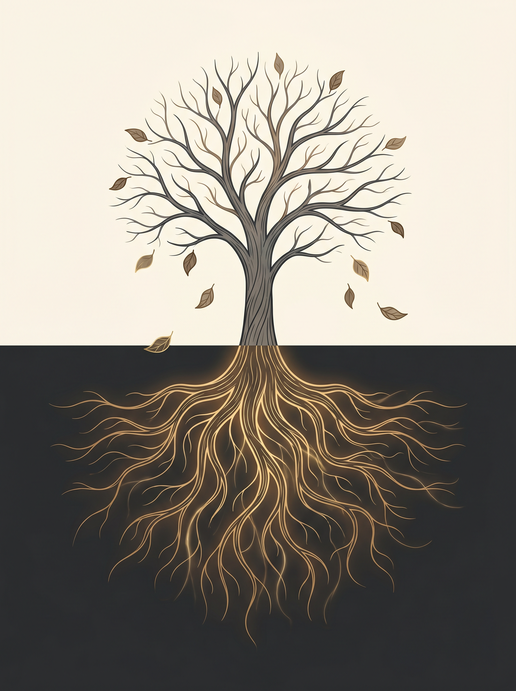 Illustration of a tree with its branches above ground and its root system below ground, representing symptoms versus root causes